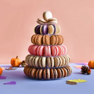 Tiered macaron tower in fall colors arranged like a pyramid, surrounded by mini pumpkins, pinecones, and paper leaves on a pastel background.