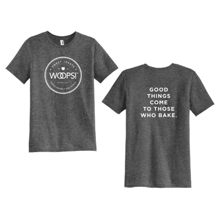 Men's t-shirt with Woops' stamp on the front and the text "good things come to those who bake" on the back