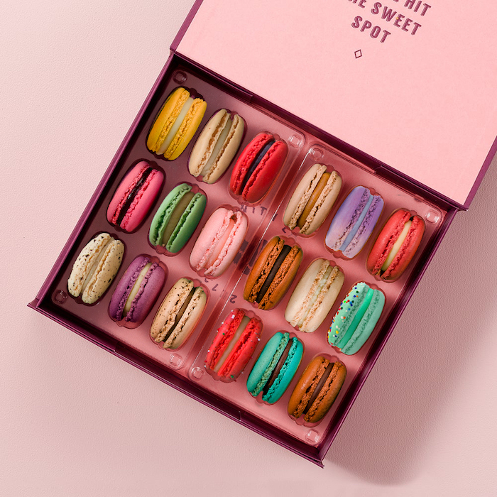 Woops! box of 18 filled with our classic and seasonal macaron flavors