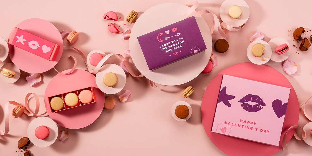 Macaron boxes packaged with Valentine's Day sleeves