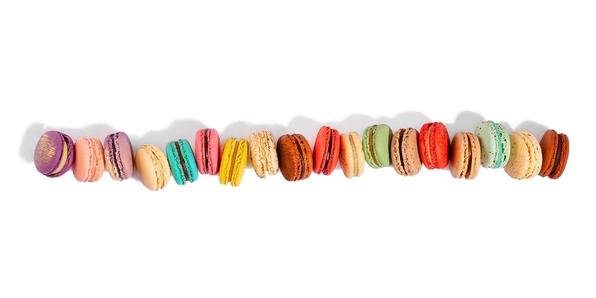 Assortment of macarons in a line