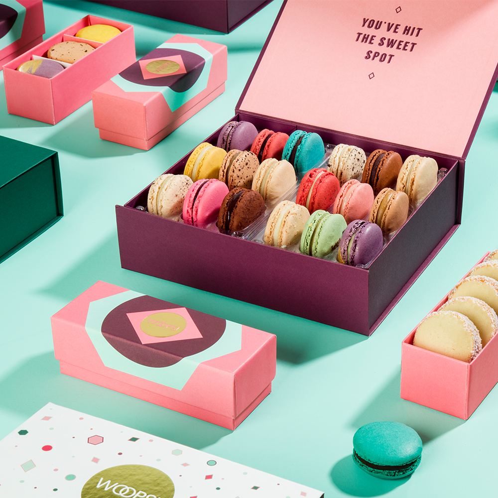 Woops! French macaron boxes with assorted flavors in different sizes