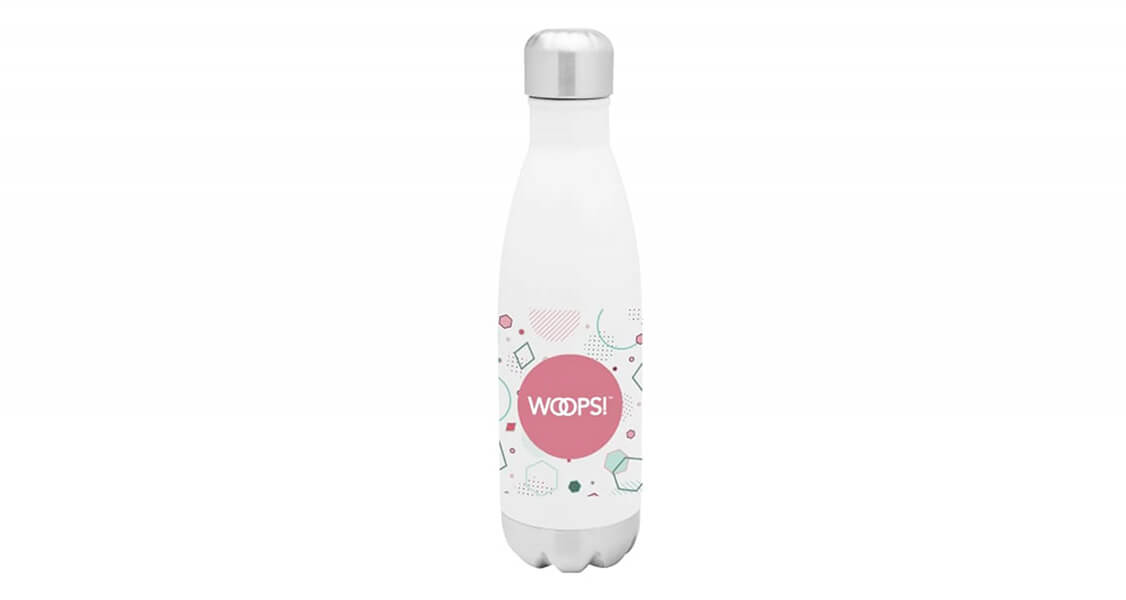 A Woops! white water bottle with geometric shaped surrounding the logo.