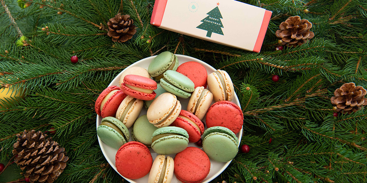 A plate full of assorted French macarons has a French macaron box above. Surrounding them are some pine trees, cherries, and some pinecones.