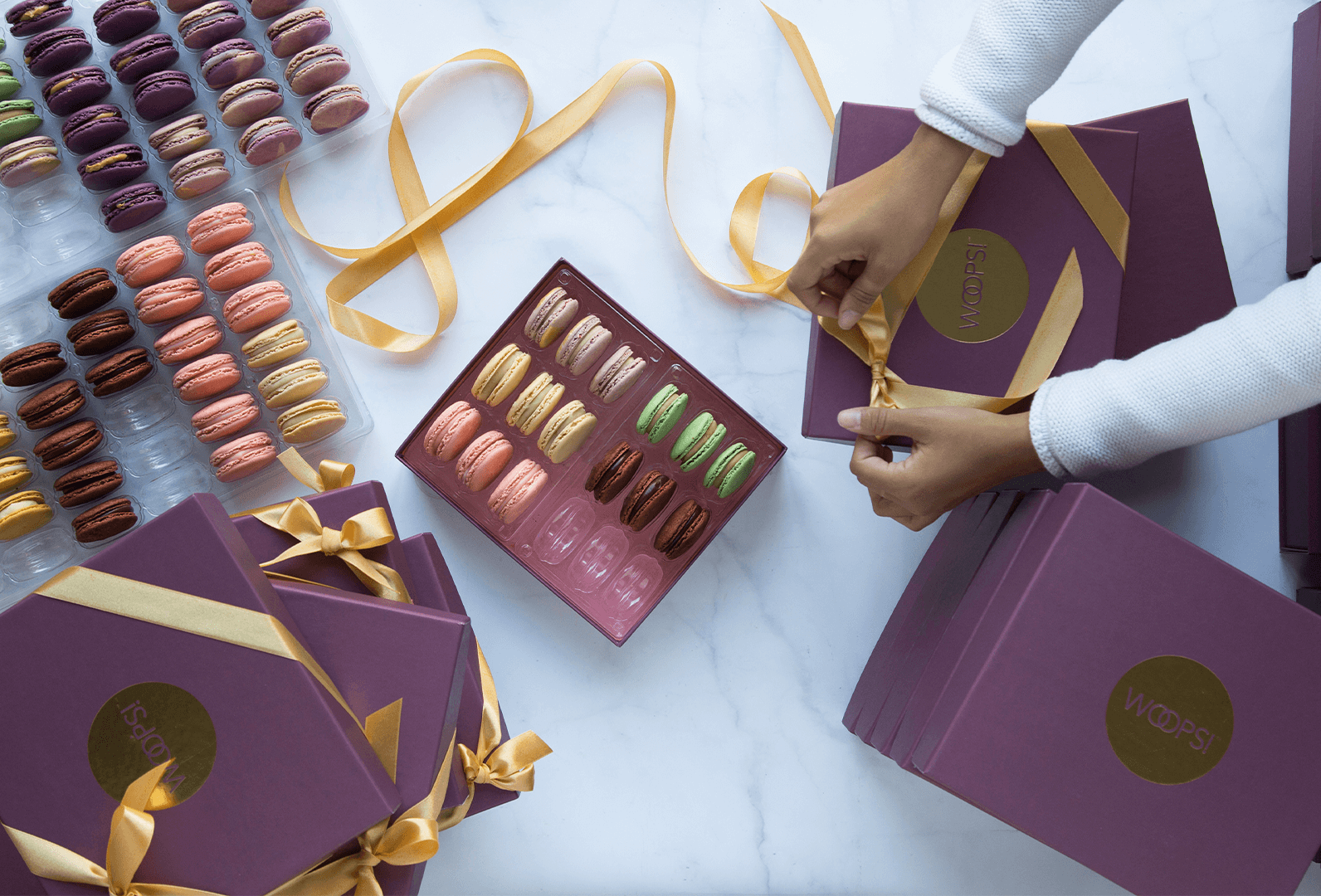 A box full of assorted French macarons is surrounded by several French macaron boxes with Holiday sleeves
