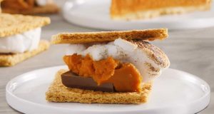 A pumpkin pie s’more is on top of a white plate.