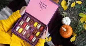 A woman with a yellow sweater is holding a box full of assorted French macarons. To the right are some pumpkins and leaves.
