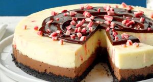a peppermint cheesecake with a slice taken out from https://www.tasteofhome.com/recipes/chocolate-peppermint-cheesecake/from 