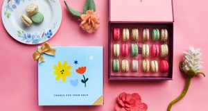 A box full of assorted French macarons has a French macaron box and a plate with three macarons to the left. Lying around are some flowers.