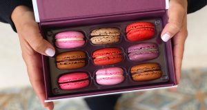 Female hands holding a box of 9 macarons