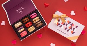 A box full of 9 assorted macarons has a macaron box with a Valentine’s Day sleeve to the right. Surrounding them are some paper hearts.