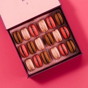 A mix of floral, fruity, and chocolate macarons all in one box.