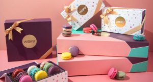 A box full of macaron boxes is surrounded by numerous Woops! Macaron boxes and assorted macarons. 