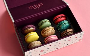 A box full of assorted French macarons