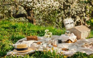 An outdoor picnic setup on a grassy field surrounded by trees. A blanket holds a picnic basket, a tea set, snacks, and fresh flowers.